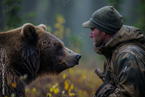 A man kneels down next to a brown bear in an outdoor setting, An intense face-off between a hunter and a bear in the wilderness, AI Generated