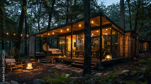 Chic glamping experiencemodern villa and glass cottage nestled in the woods, creating a magical ambiance in the forest at night. --ar 16:9 --v 6.0 - Image #3 @Zubi