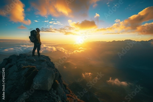 Man Standing on Top of Mountain With Backpack, An invigorating sunrise view from a mountaintop with a backpacker greeting the new day, AI Generated