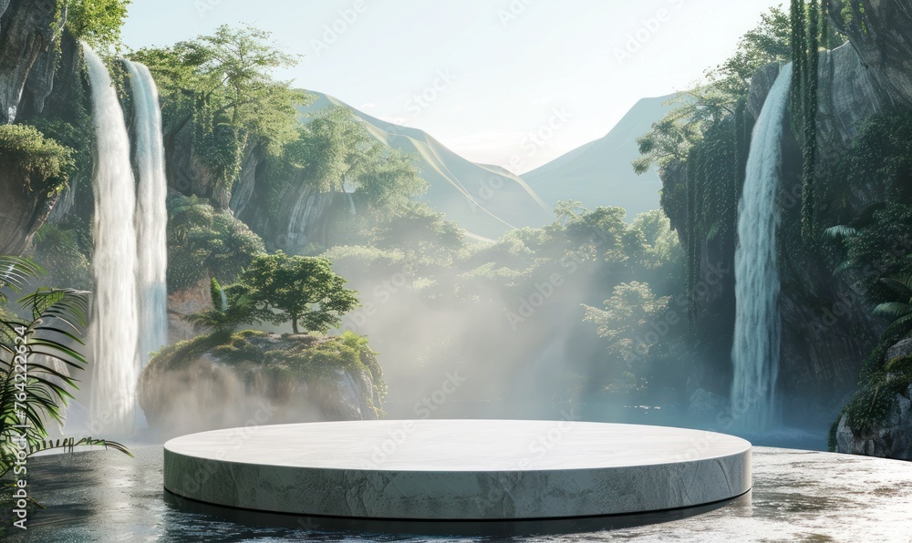 Empty Round Podium in the Middle of Waterfall Valley Background with Copy Space. A Stage Amidst Waterfall Valley Empty Round Podium in the Middle of Waterfall Valley Background with Copy Space. A Stage Amidst Waterfall Valley
