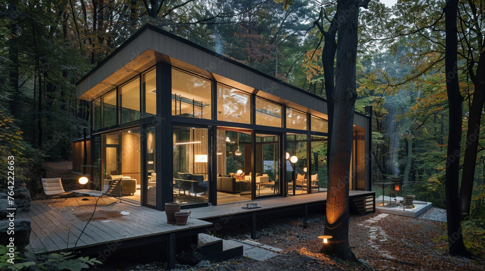 Contemporary forest villa for luxury glamping, with glass cottage providing a cozy retreat in the midst of the woods. --ar 16:9 --v 6.0 - Image #3 @Zubi