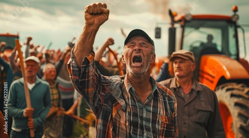 Middle-aged man is calling a crowd of people to a meeting, with a large stream of tractors in the background photo