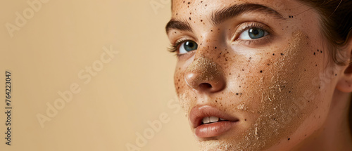 Close up of beautiful female face with scrub. Skin care mock up. Beautiful female has relax. Cosmetology concept. Wellness, recreation. Generative ai photo