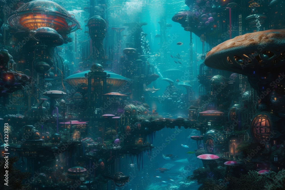 Fototapeta premium A vibrant and bustling metropolis thrives beneath the waves, with numerous lights illuminating the underwater city, An underwater city holding a variety of alien marine life, AI Generated