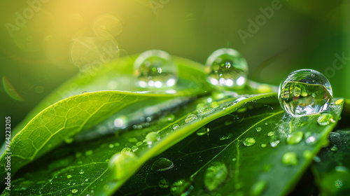 Crystal-clear water droplets delicately balanced on lush green leaves, reflecting the vibrant hues of nature's bounty.