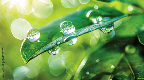 Crystal-clear water droplets delicately balanced on lush green leaves, reflecting the vibrant hues of nature's bounty. 