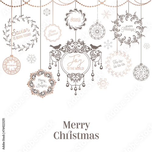 Vintage Christmas Wreath Design, Winter Holiday Calligraphic Card, Vector Page Typography Decoration, Ornate