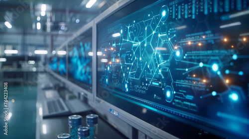Wallpaper Mural Close-up of a high-tech network monitoring screen displaying various abstract data connections and graphs in a modern data center. Torontodigital.ca