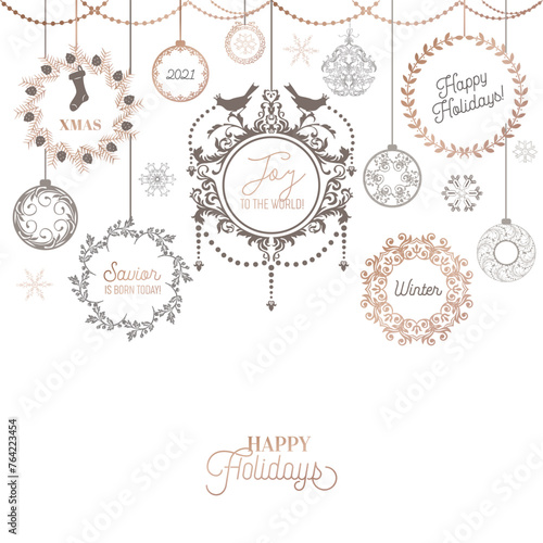 Vintage Christmas Wreath Design, Winter Holiday Calligraphic Card, Vector Page Typography Decoration, Ornate, Swirls