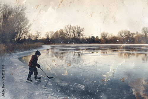 A young boy gracefully skates across a frozen lake, gliding through the shimmering ice, Artwork of a child learning to play hockey on a frozen pond, AI Generated