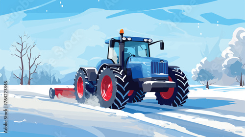 Tractor in winter plowing street or road agricultur