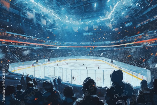 A bustling hockey stadium packed with enthusiastic fans watching an exciting game, Artwork showcasing a view from the stands of a packed ice hockey stadium, AI Generated