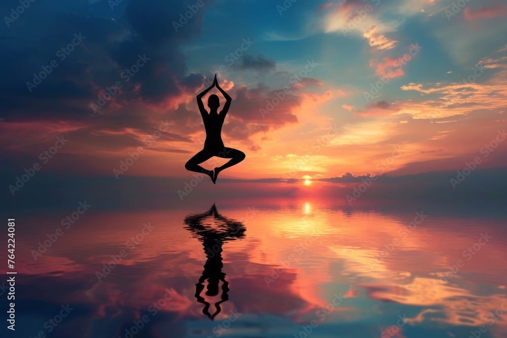 A person performing yoga poses against the backdrop of a beautiful sunset, Balance and harmony depicted through a yoga pose, AI Generated