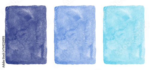 Blue watercolor background set. Hand drawn dark, sky, navy blue watercolour textures with aquarelle stains. Painted sea, water, marine, aquatic rectangle templates. Artistic edge.