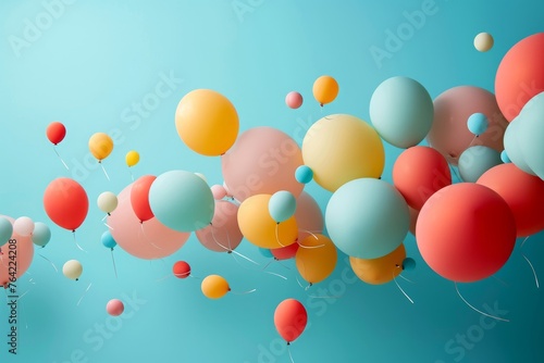 A vibrant collection of balloons gracefully floating in the air against a clear blue sky  Balloons expanding to represent the concept of inflation  AI Generated