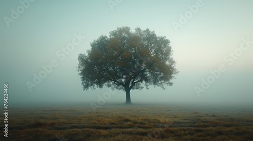 Lone Tree in Foggy Field