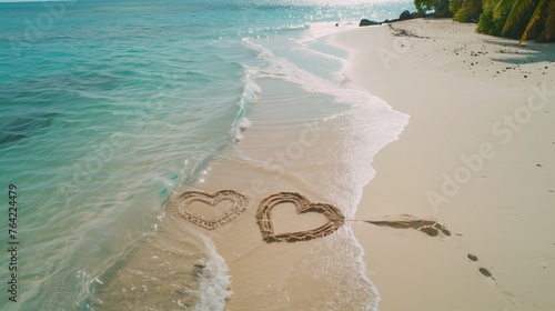 romantic scene with two hearts drawn on perfectly white sand, creating a symbol of love on a paradise beach. © Abbas