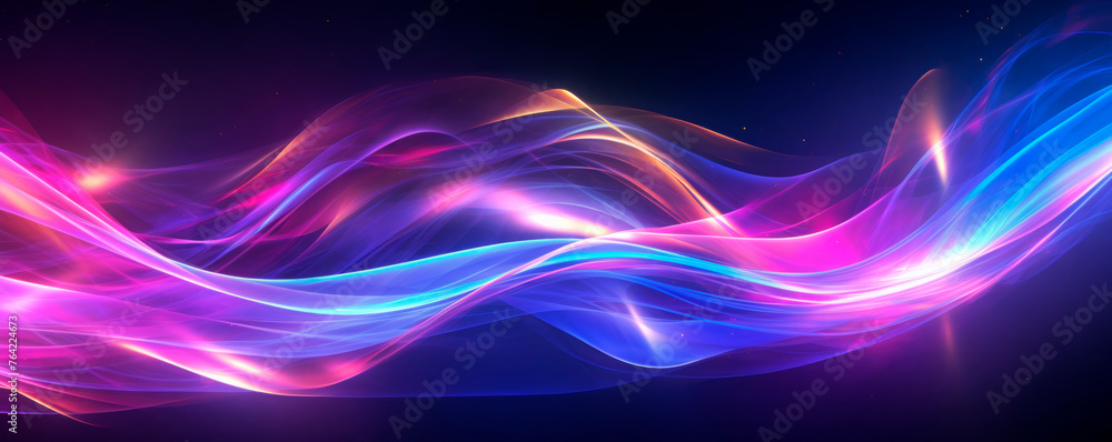 A vibrant wave of multicolored light streaks across a stark black background, creating a striking visual contrast. Dynamic bright smoke and light particles. Banner. Copy space A vibrant wave of multicolored light streaks across a stark black background, creating a striking visual contrast. Dynamic bright smoke and light particles. Banner. Copy space