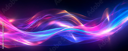 A vibrant wave of multicolored light streaks across a stark black background, creating a striking visual contrast. Dynamic bright smoke and light particles. Banner. Copy space