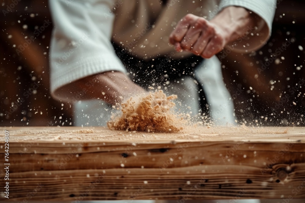 A person is seen cutting a piece of wood with a knife outdoors, Breaking a wooden board with a swift karate chop, AI Generated