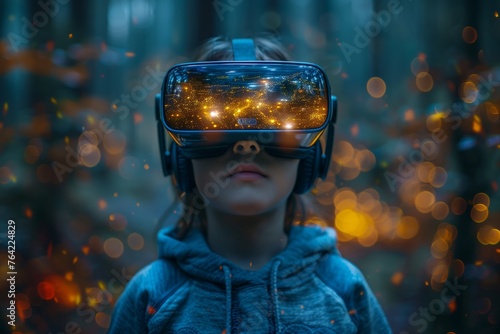 Kid experiencing virtual reality headset outdoors