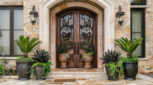 Luxurious farmhouse entrance with decorative potted plants. Wooden door showcases glass and forging details. --ar 16:9 --v 6.0 - Image #2 @Zubi