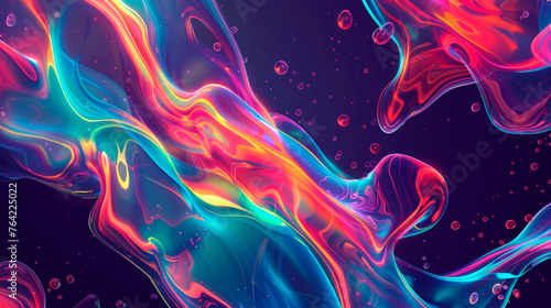 Colorful liquid swirls and blends on a black canvas, creating a dynamic and abstract composition. Dynamic bright smoke and light particles. Banner. Copy space