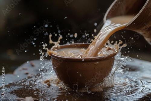 A brown bowl is being filled with liquid as it is being poured into it, Chai being poured from a height into a clay cup, creating splashes, AI Generated