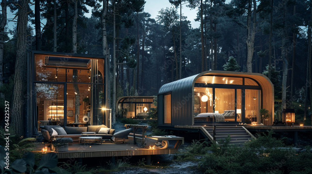 Luxury glamping setupsleek villa and glass cottage nestled in woods, aglow in the night. --ar 16:9 --v 6.0 - Image #1 @Zubi