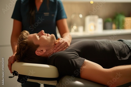 A man in a salon receiving a facial massage from a professional therapist using various techniques and products, Chiropractic adjustment session in a calm space, AI Generated