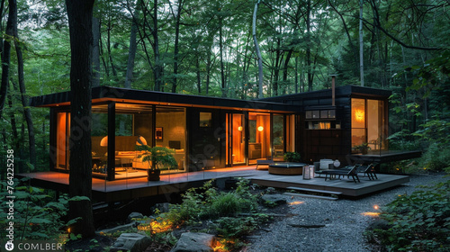 Minimalist cabin house in deep forest, accompanied by illuminated glass cottage. --ar 16:9 --v 6.0 - Image #4 @Zubi