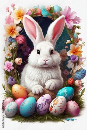 White Cute Fluffy Bunny and Group of Painted Easter Eggs © alexx_60