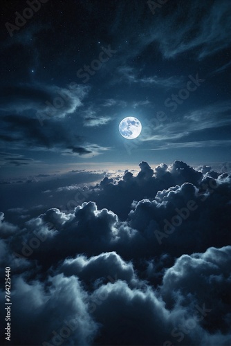 Dark Blue and Blue Clouds with Full Moon