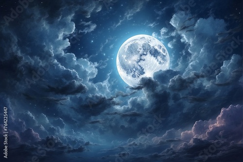 Dark Blue and Blue Clouds with Full Moon