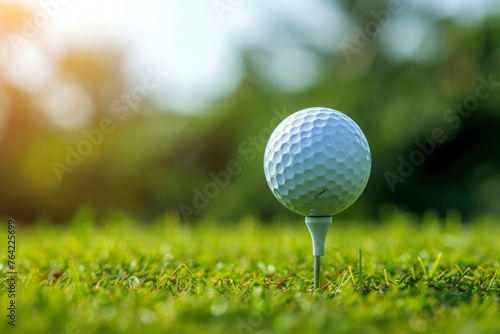 A close-up photo of a golf ball balanced on a tee, set against a green grassy background, Close-up of a golf ball on a tee, AI Generated