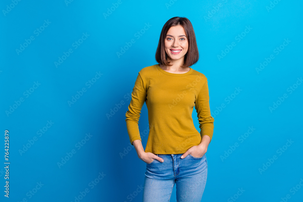 Photo of funky good mood lady dressed shirt smiling empty space isolated blue color background - obrazy, fototapety, plakaty 