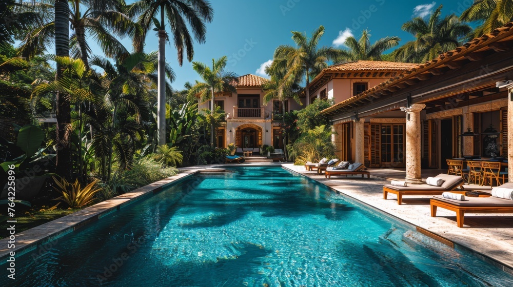 Pool Surrounded by Palm Trees and House