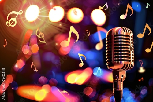 microphone on a karaoke stage with bright glowing lights in the background and a scattering of musical notes