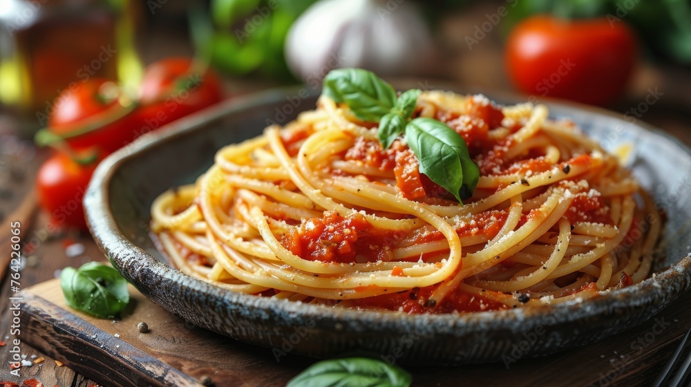Plate of Spaghetti With Tomato Sauce and Basil Plate of Spaghetti With Tomato Sauce and Basil