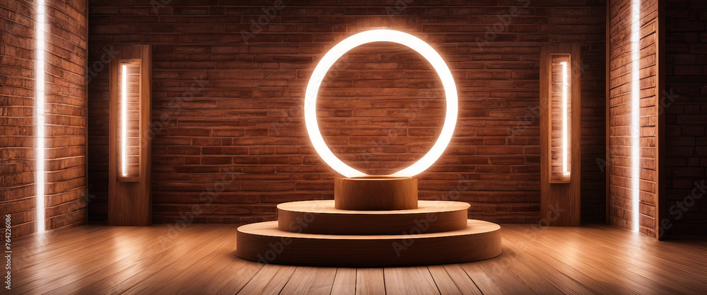 Wooden product display podium with natural flower and wooden planks background. Generated by Ai Wooden product display podium with natural flower and wooden planks background. Generated by Ai