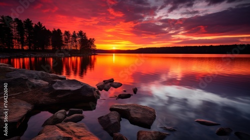 Peaceful lake and sunset in dramatic environment