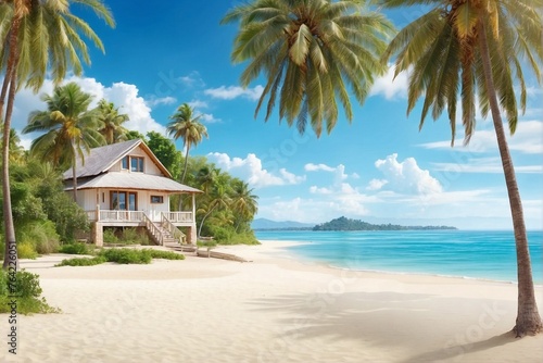 White sand beach with palm trees. Beautiful small house