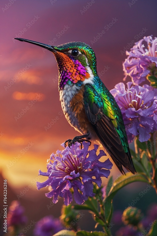 Fototapeta premium Hummingbird on Top of a Purple Flower: Bright and Colorful Image