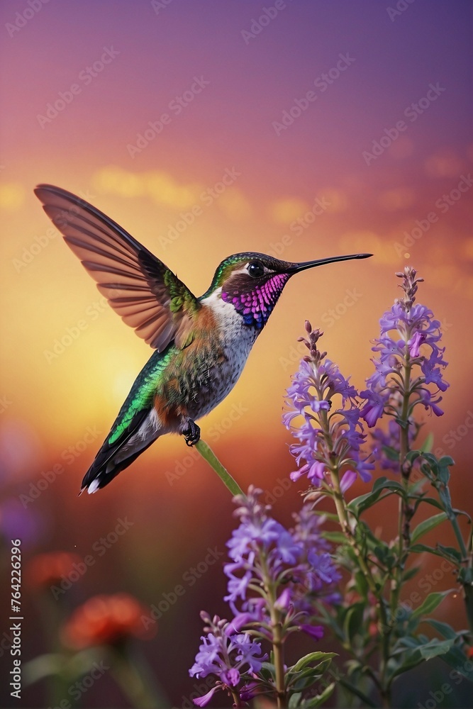 Hummingbird on Top of a Purple Flower: Bright and Colorful Image Hummingbird on Top of a Purple Flower: Bright and Colorful Image