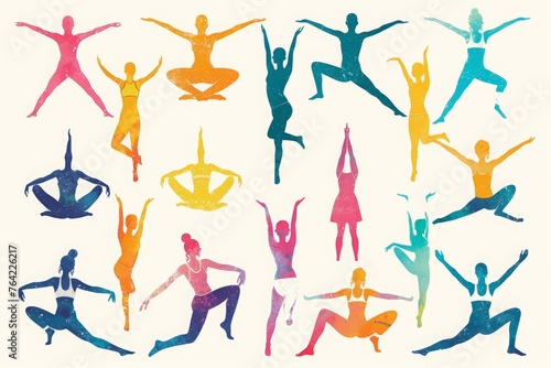 Several individuals in a group are actively engaged in performing different yoga postures outdoors, Colorful illustration of various yoga poses, AI Generated