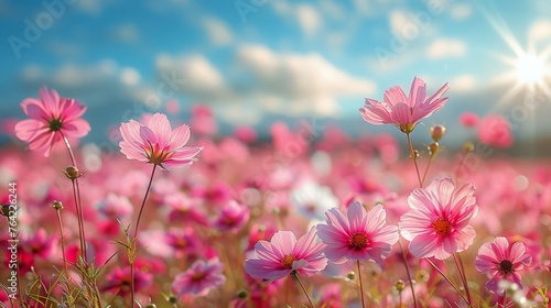 Field of Pink Flowers Under Blue Sky