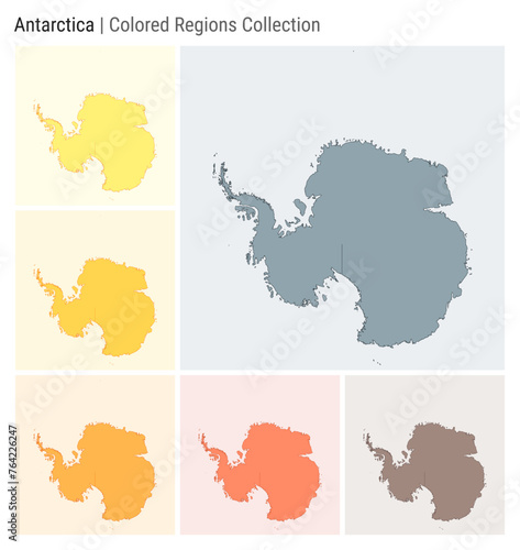 Antarctica. Map collection. Continent shape. Colored countries. Blue Grey, Yellow, Amber, Orange, Deep Orange, Brown color palettes. Border of Antarctica with countries. Vector illustration.