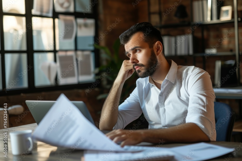 A man sits at a table with various papers spread out in front of him, focusing on his work, Confused business owner browsing different business loan options, AI Generated A man sits at a table with various papers spread out in front of him, focusing on his work, Confused business owner browsing different business loan options, AI Generated