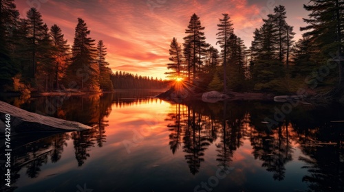 Crimson and gold hues on glassy lake and trees