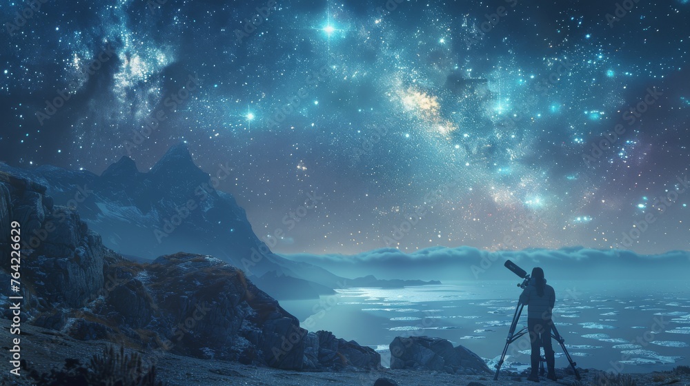 Man Standing on Mountain Under Starry Sky - obrazy, fototapety, plakaty 
